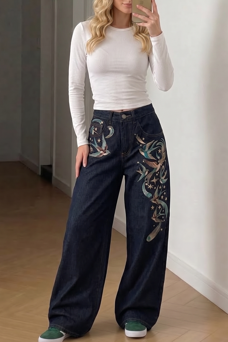 Women's Vintage Bird Embroidered Wide Leg Jeans High Rise Loose Baggy Dark Wash Denim Pants