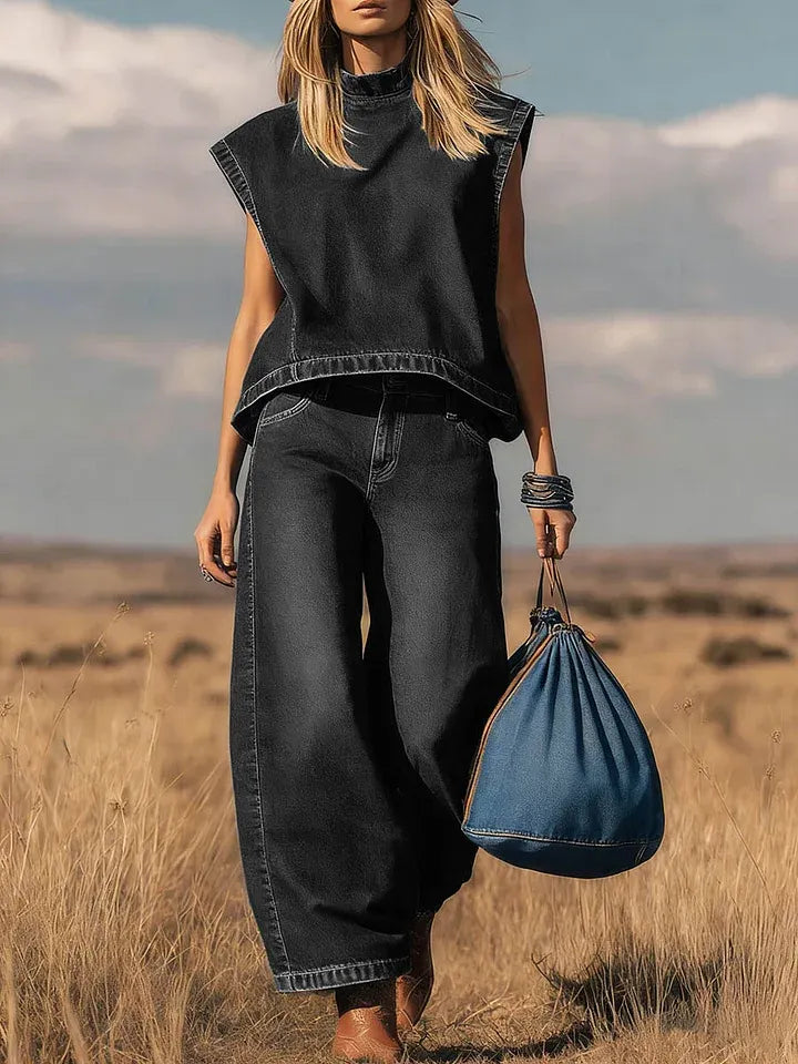Women's Stand-collar Sleeveless Casual Loose Top And High-waisted Loose Wide-leg Denim Pants Set