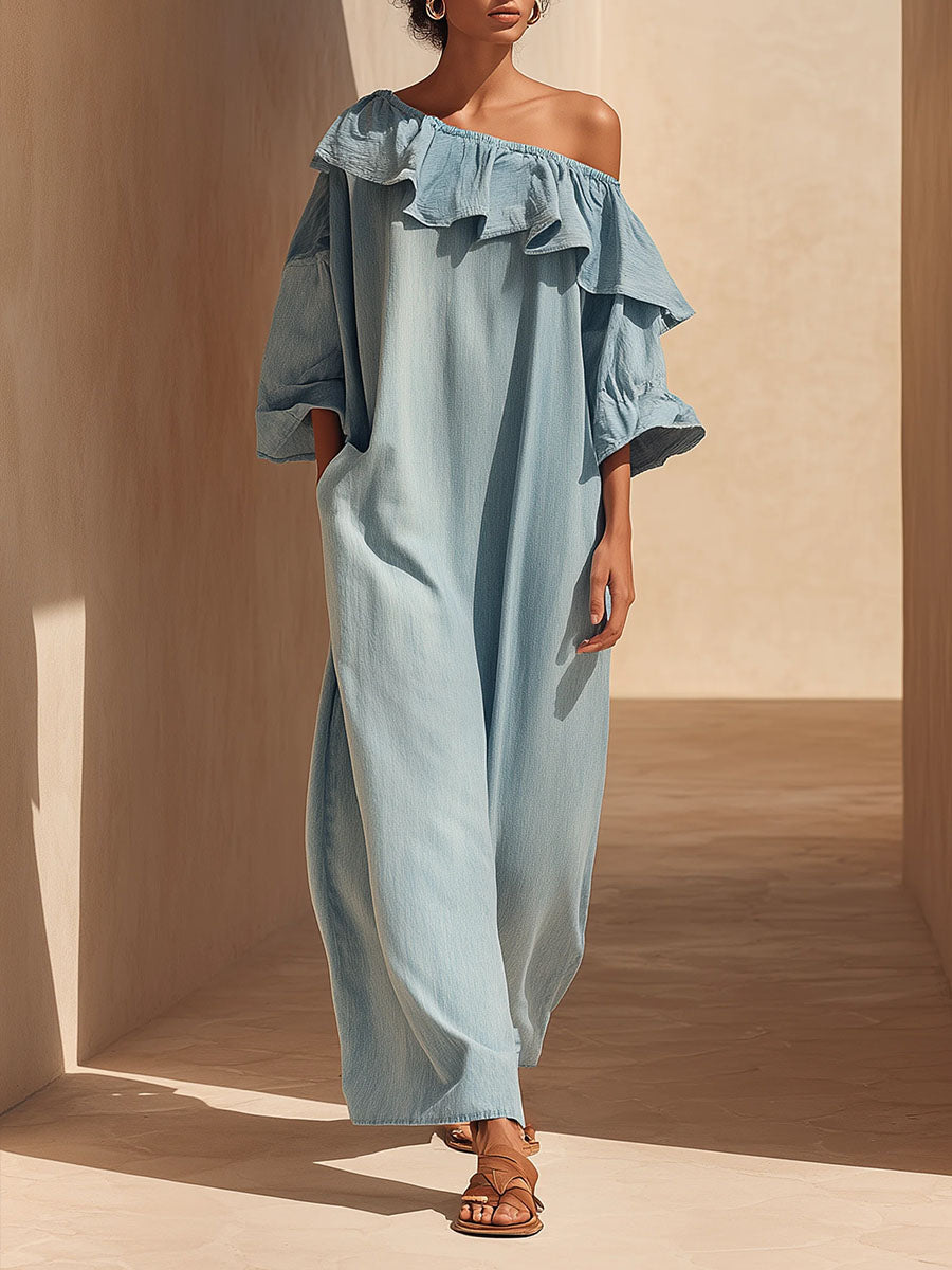 Women's Off-shoulder 3/4-sleeve Casual Loose Denim Dress