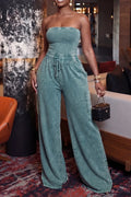 Women's Casual Mineral Wash Green Strapless Wide Leg Jumpsuit with Side Pockets