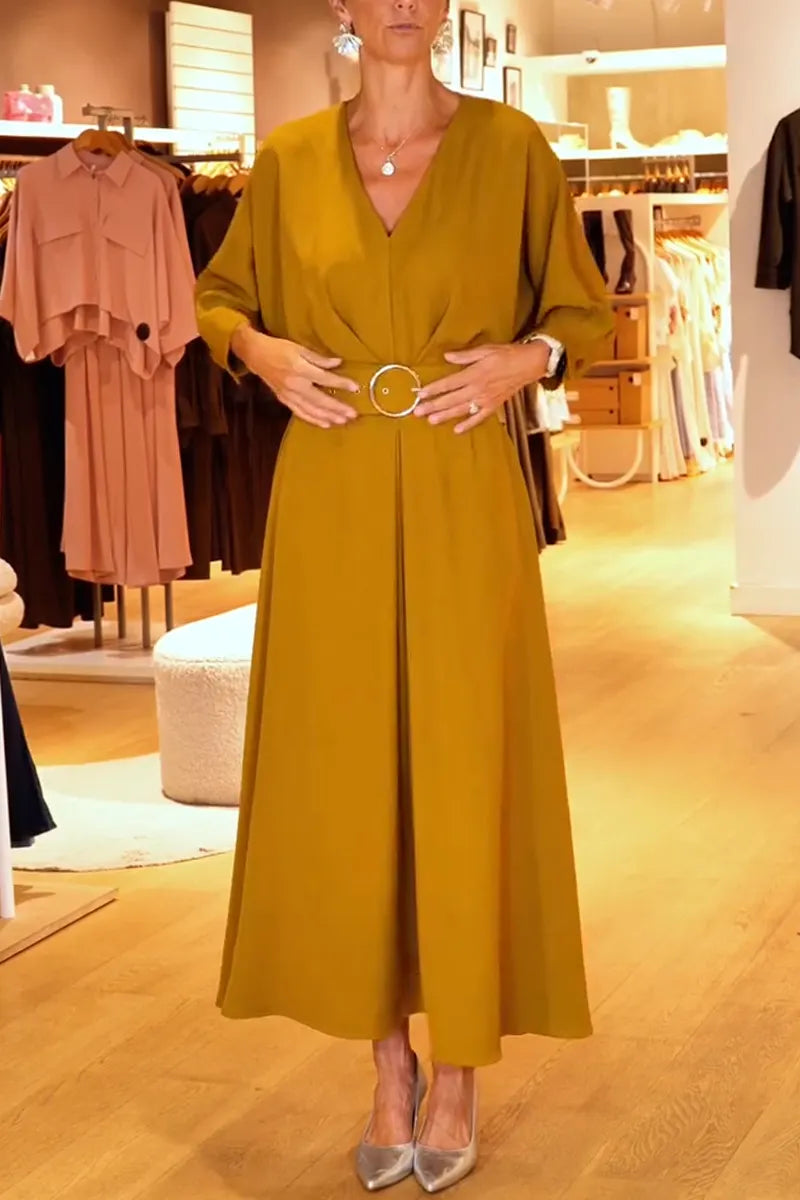 Women's V-neck Elegant Casual Solid Color Dress+ Belt