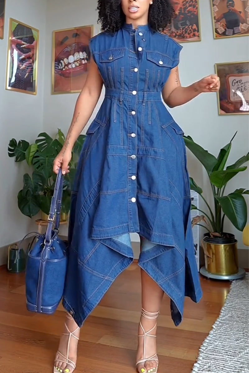 Women's Round Neck Buckle Patchwork Irregular Elegant Casual Denim Dress