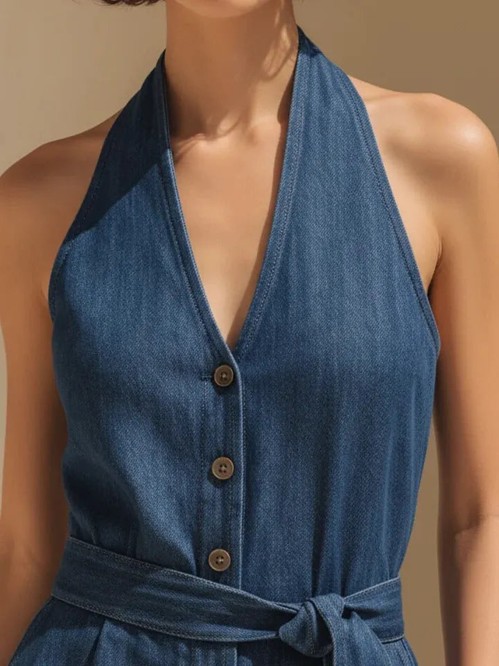 Navy Blue Tencel Denim Halter Neck Wide-Leg Jumpsuit