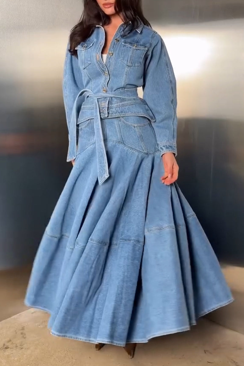 Women's Fashion Waist Cinching Tie Denim Jacket or Patchwork Skirt