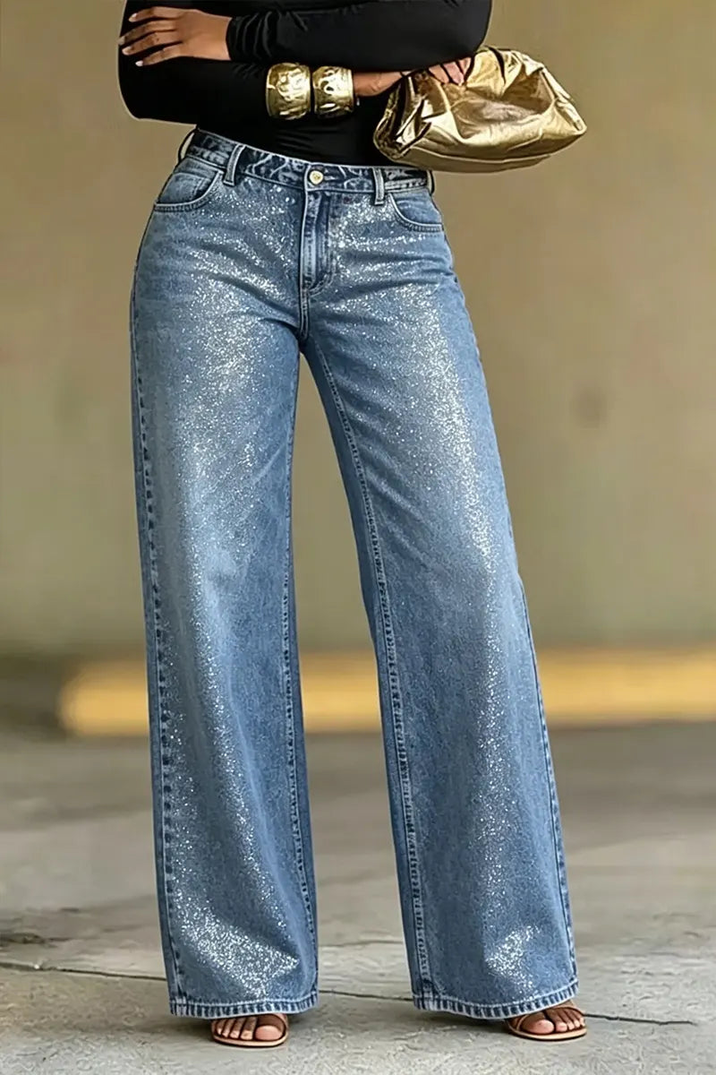 Women's Fashion Sparkly Gold Foil Wide-Leg Jeans