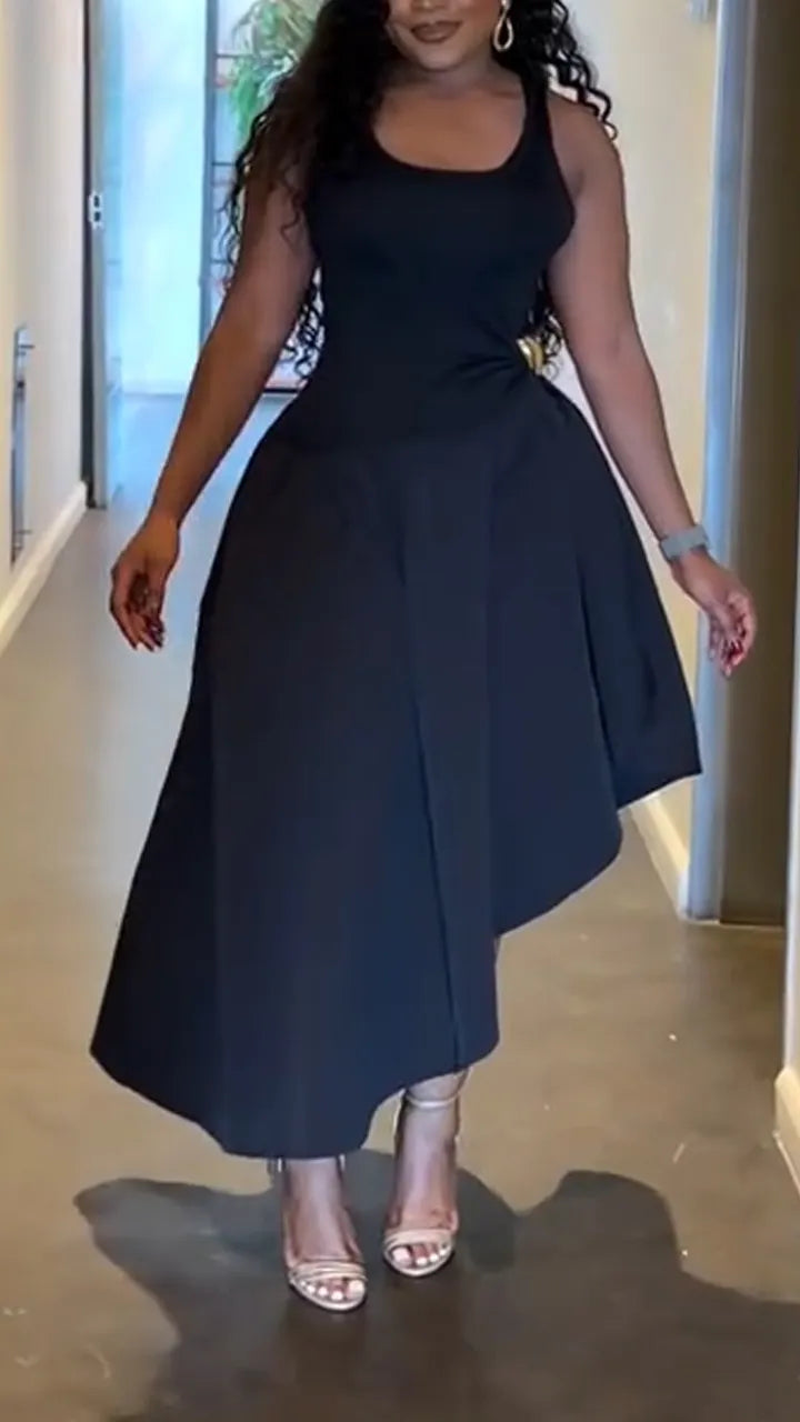 Women U-neck Waist Cinching and Splicing Elegant and Casual Irregular Dress