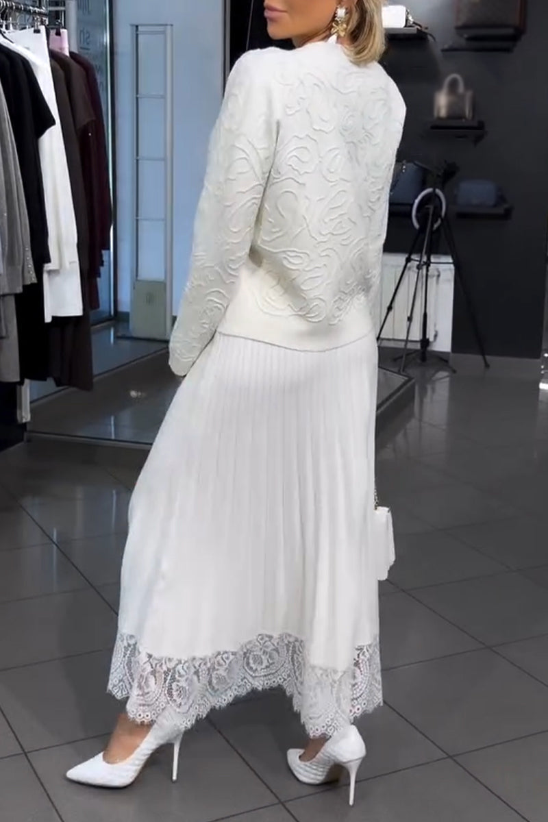Women's Elegant Casual Round Neck Patterned Knitted Top or Patchwork Lace Patterned Half Skirt