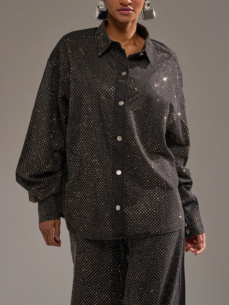 Women Collar Hot Stamping Diamond Temperament Casual Shirt