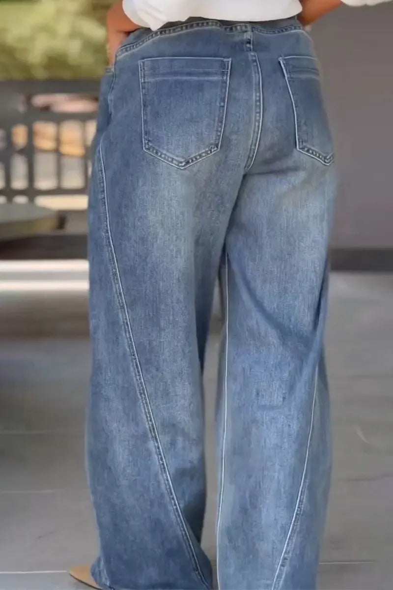 Women Scratch Washed Water Spliced Casual Wide Leg Jeans