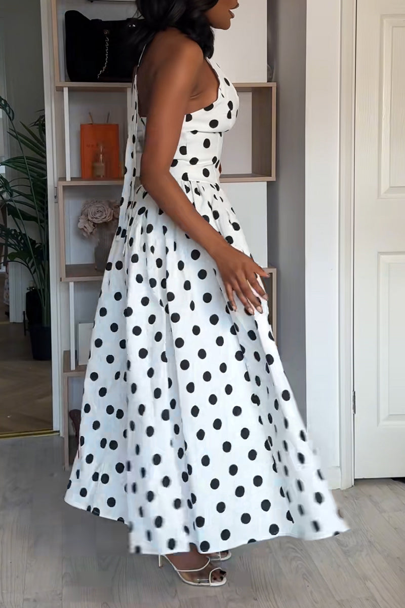 Women's Elegant V-Neck Waist Cinching Polka Dot Maxi Dress