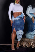 Women's Fashion Irregular Arrangement Button Denim Jacket Skirt