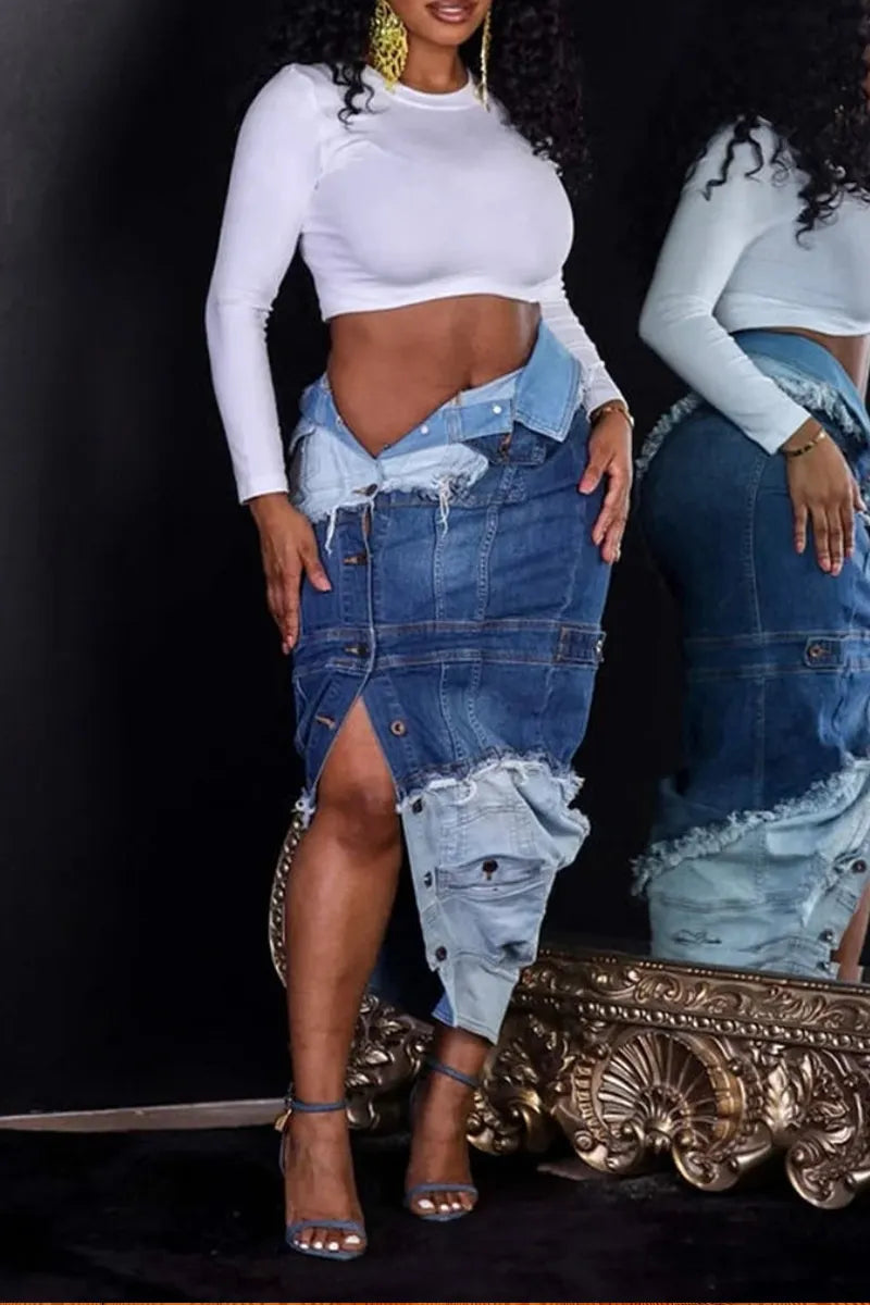 Women's Fashion Irregular Arrangement Button Denim Jacket Skirt