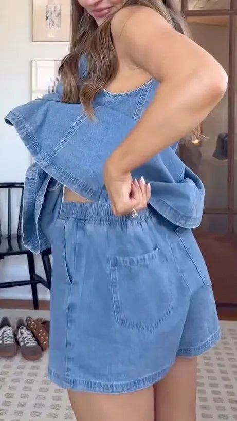Women's Summer Sleeveless Patchwork Denim Casual Suit
