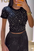 Women's Round Neck All Over Star Rhinestone Short Sleeve Crop T-Shirt Or Elastic Drawstring Waist Star Rhinestone Flowy Wide Leg Pants