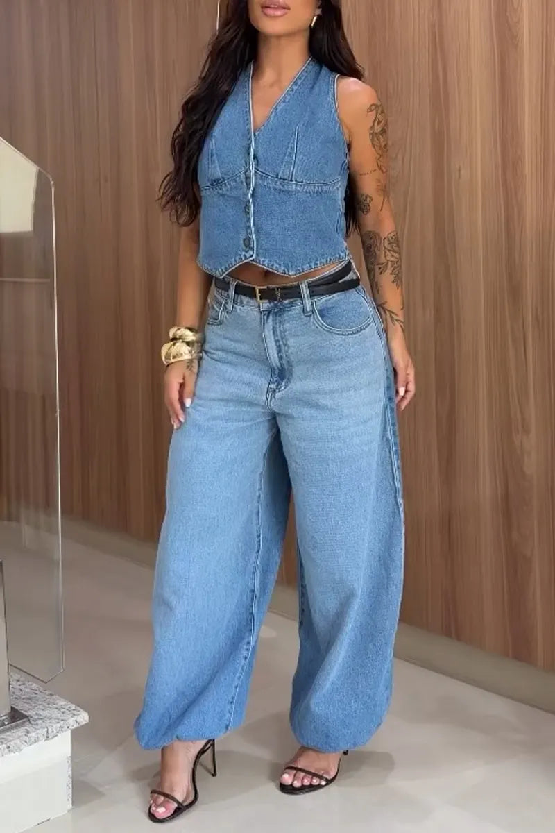 Women's V-neck Patchwork Denim Vest + Washed Denim Jeans