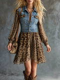 Denim And Leopard Print Patchwork Dress