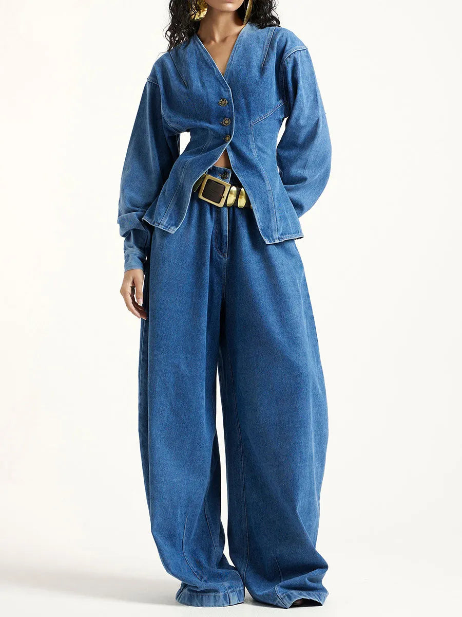 Women's Denim Set: V-neck Long-sleeve Loose-fit Cardigan & High-waisted Wide-leg Pants
