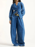 Women's Denim Set: V-neck Long-sleeve Loose-fit Cardigan & High-waisted Wide-leg Pants