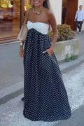 Women's Vacation Strapless Color Block Polka Dot Maxi Dress