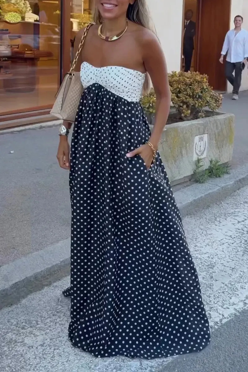 Women's Vacation Strapless Color Block Polka Dot Maxi Dress