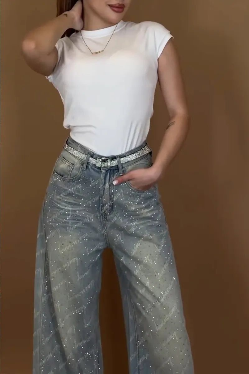 Women's Elegant Letter-Pattern Rhinestone Trim Jeans