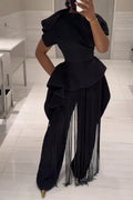 Women's Fashion Asymmetric Vest Pants Fringe Decoration Two-Piece Set
