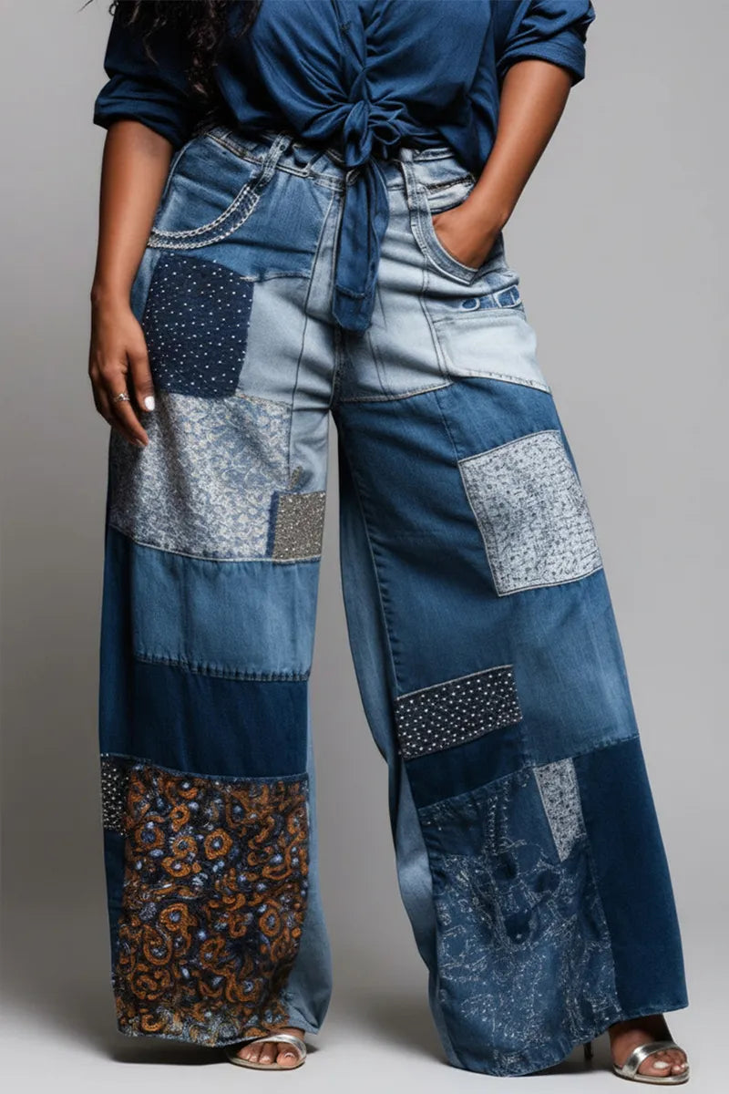 Women's Casual Patchwork Design Wide Leg Jeans