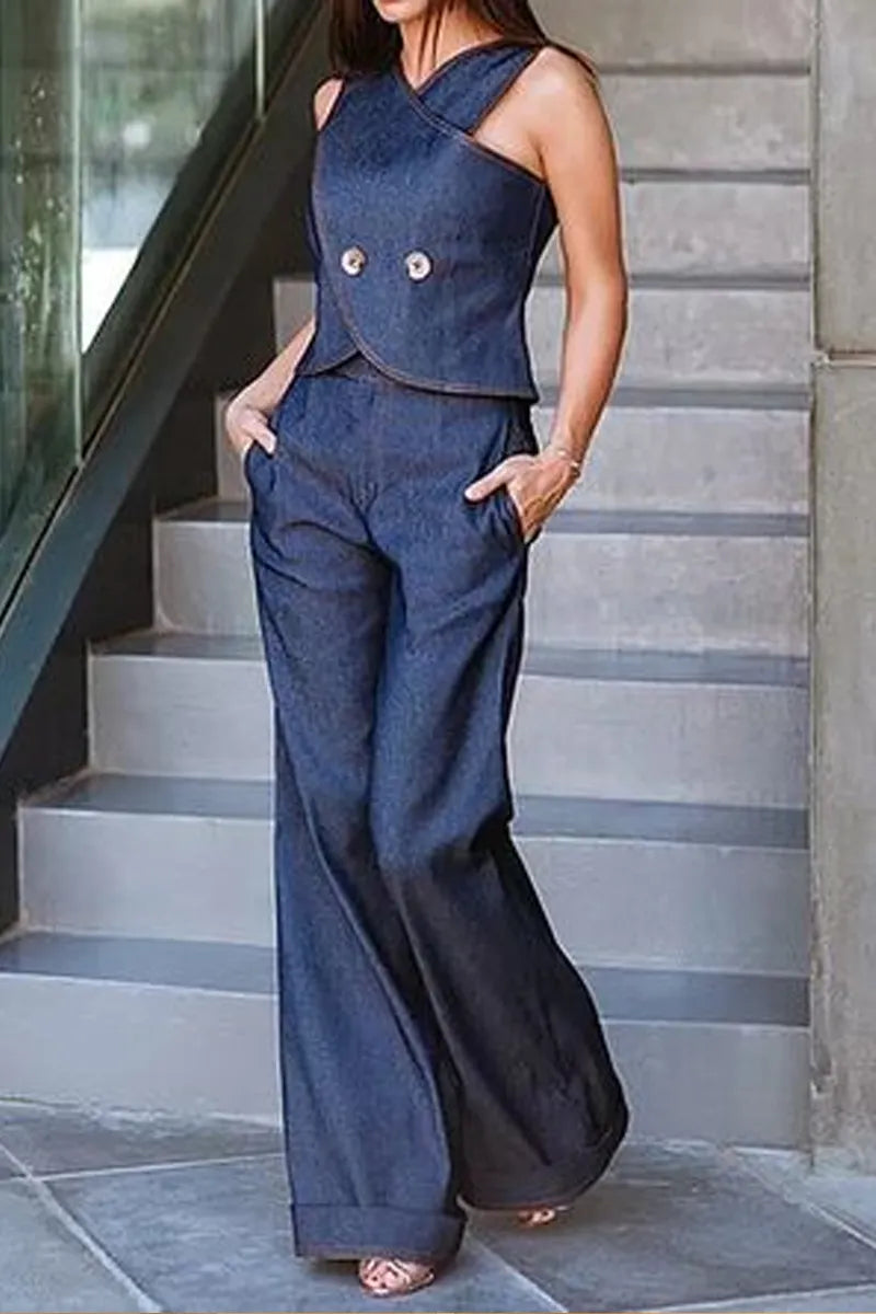 Women's Denim Asymmetrical Sleeveless Top Or Wide-Leg Pants