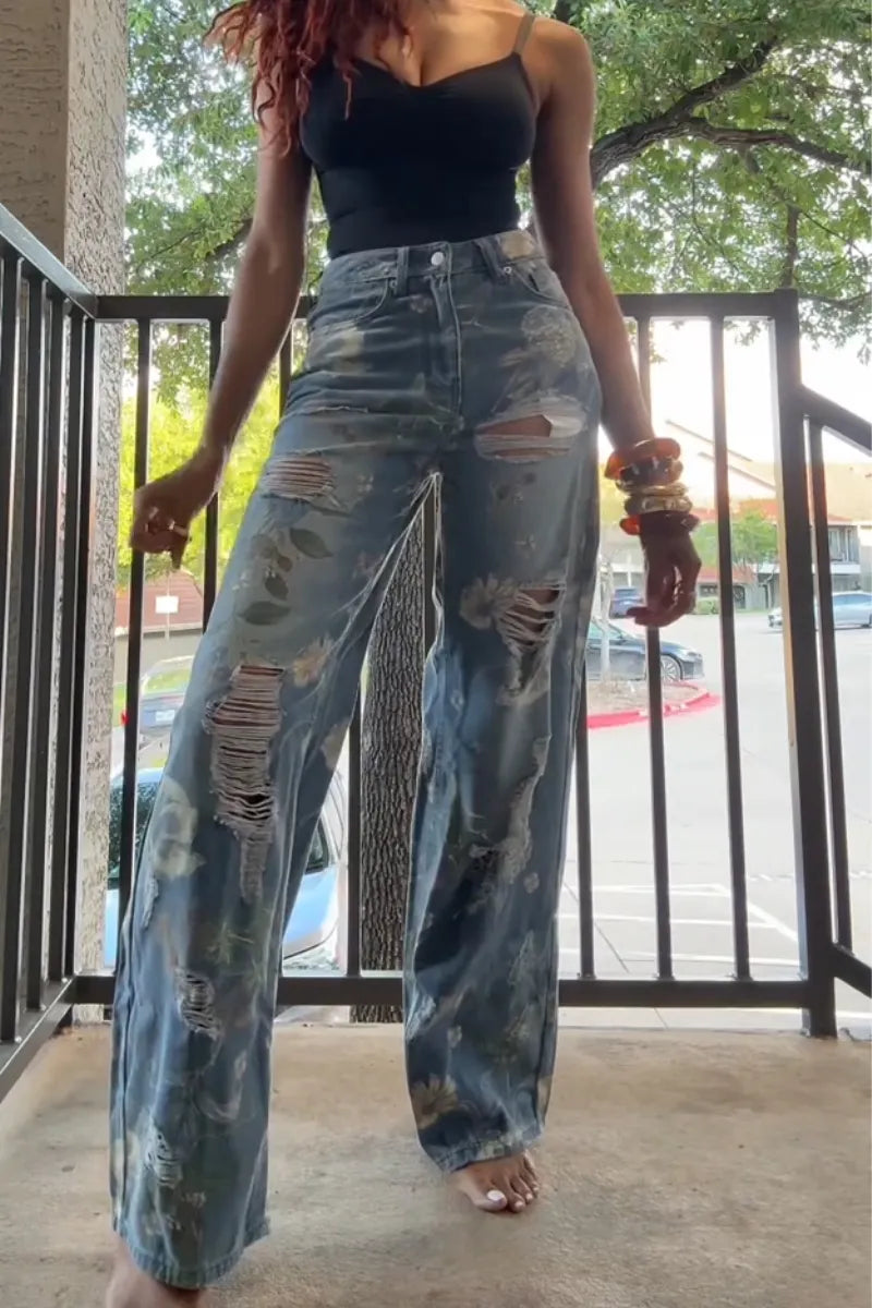 Women Printed Ripped Water Washed Casual Wide Leg Jeans