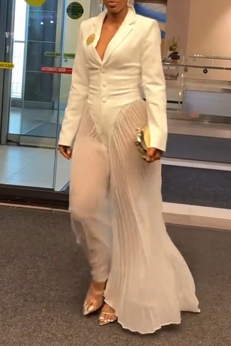 Women's Collar Patchwork Pleated Transparent Sheer Elegant Temperament Jumpsuit