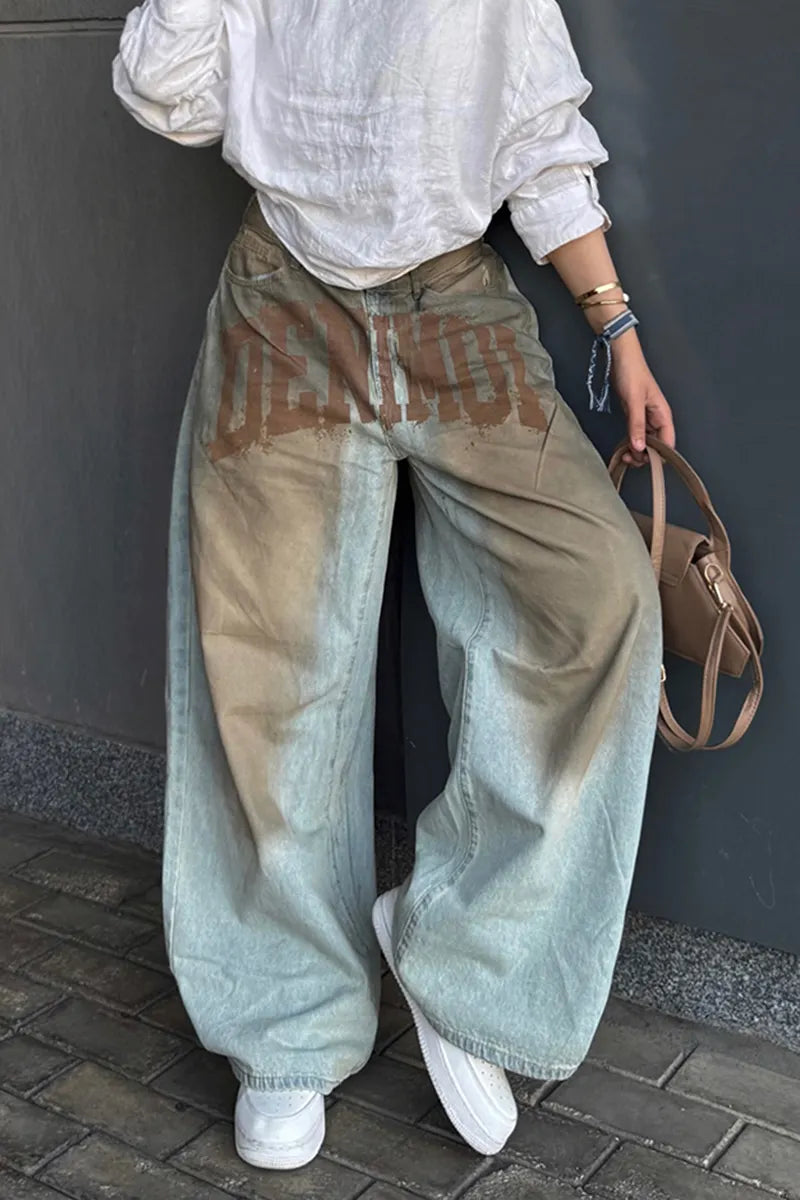 Women's Casual Distressed Wash Letter Print Wide Leg Jeans