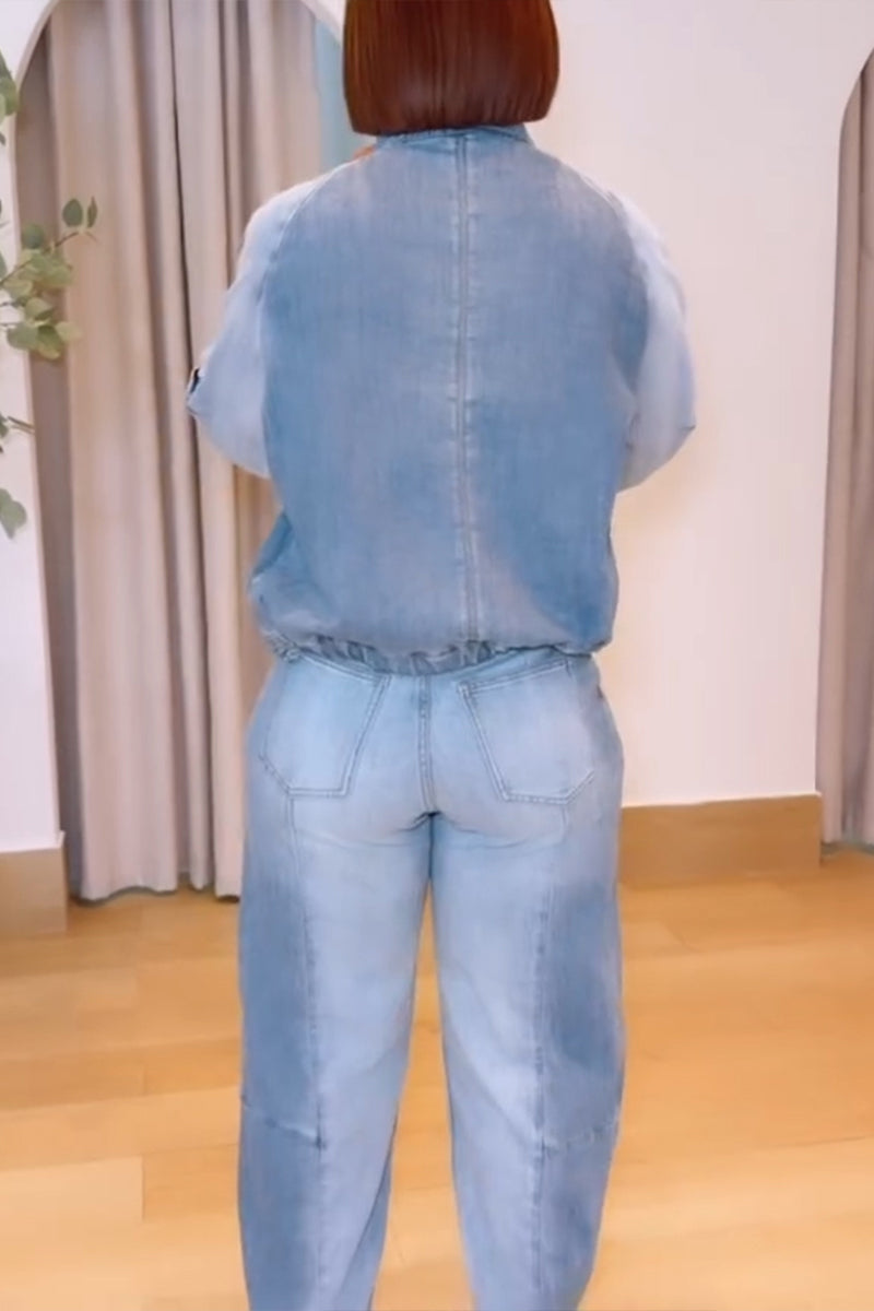 Women's Casual Color Block Stand Collar Denim Jacket or Jeans