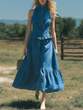 Women's Retro Elegant Stylish Zip High-Neck Sleeveless Ruffled Denim Dress