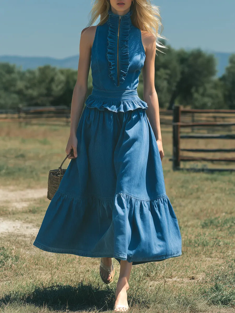 Women's Retro Elegant Stylish Zip High-Neck Sleeveless Ruffled Denim Dress