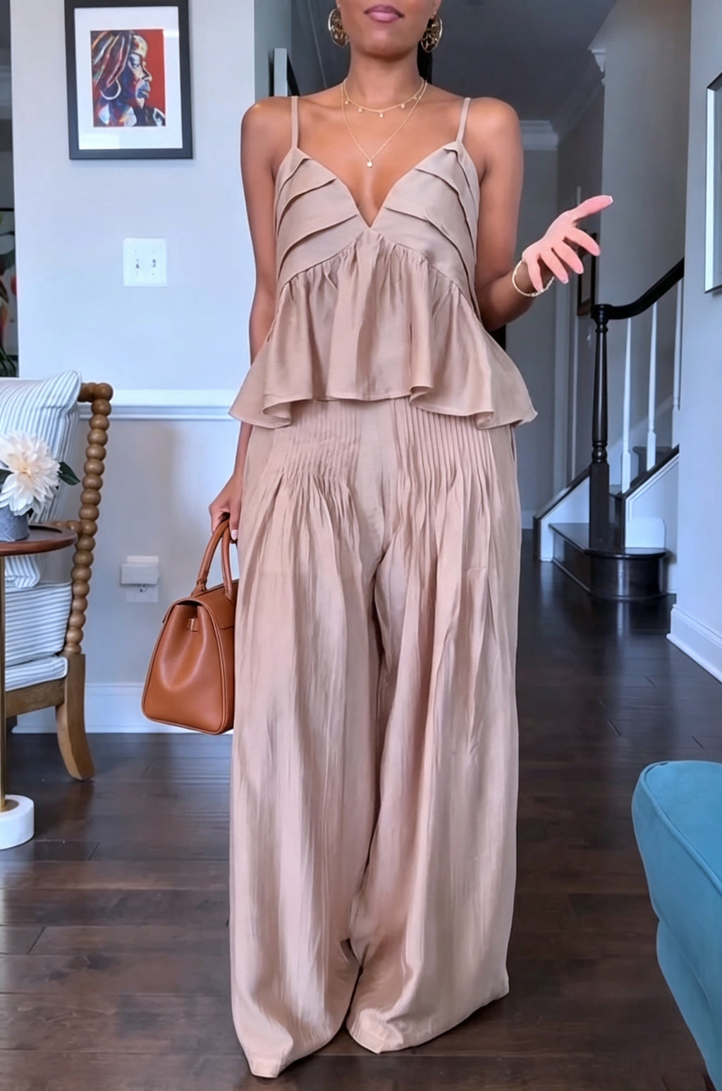 Women's Vacation V-Neck Vest Wide Leg Pants Pleated Two-Piece Set