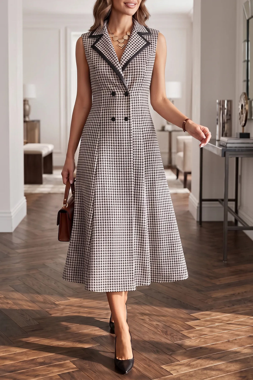 Women's Houndstooth Sleeveless Blazer Dress Double Breasted Notch Lapel Belted Look Vintage Elegant Work Office Swing Midi Dress