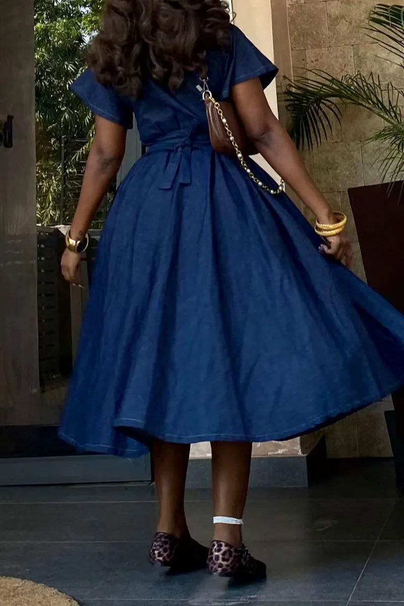 Women V-neck Breasted Waist Cinched Elegant Casual Denim Dress