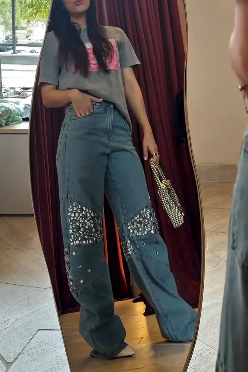 Women's Casual Rhinestone Trim Wide Leg Jeans