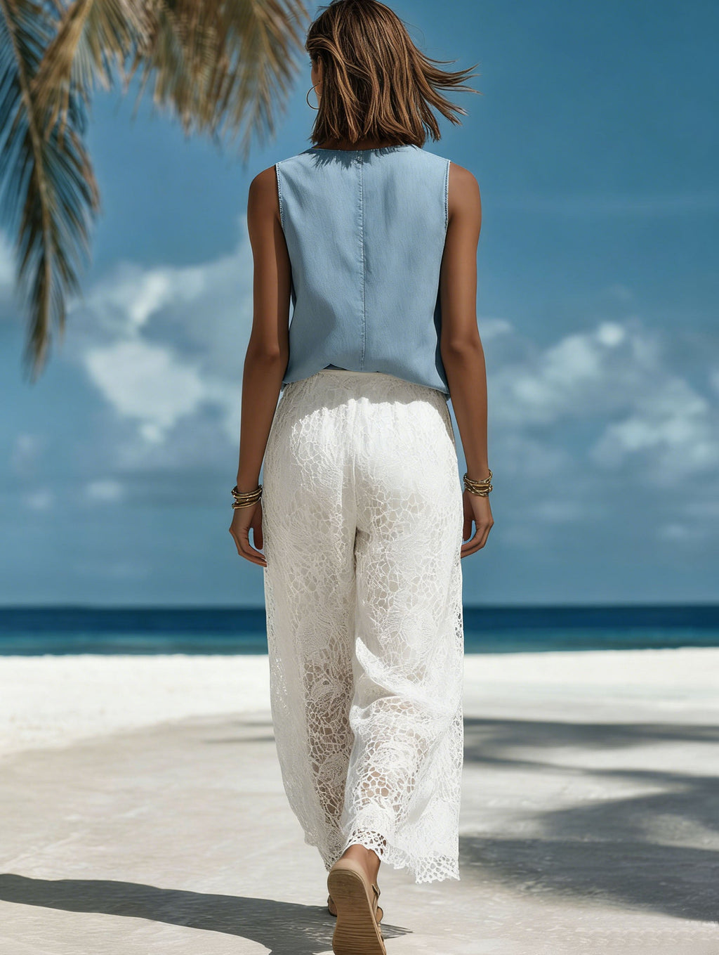 French-Style Resort Blue Denim Sleeveless Top And White Lace Trousers Set