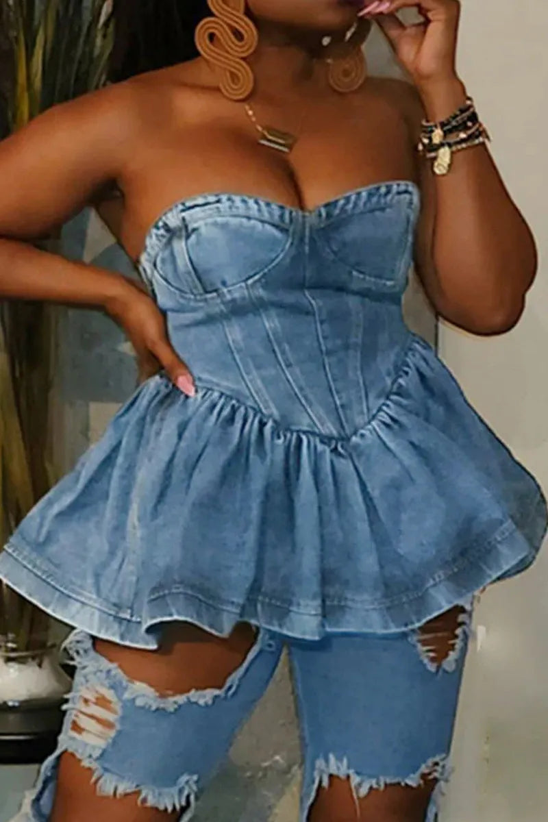 Ladies' Casual Denim Ruffled Strapless Top