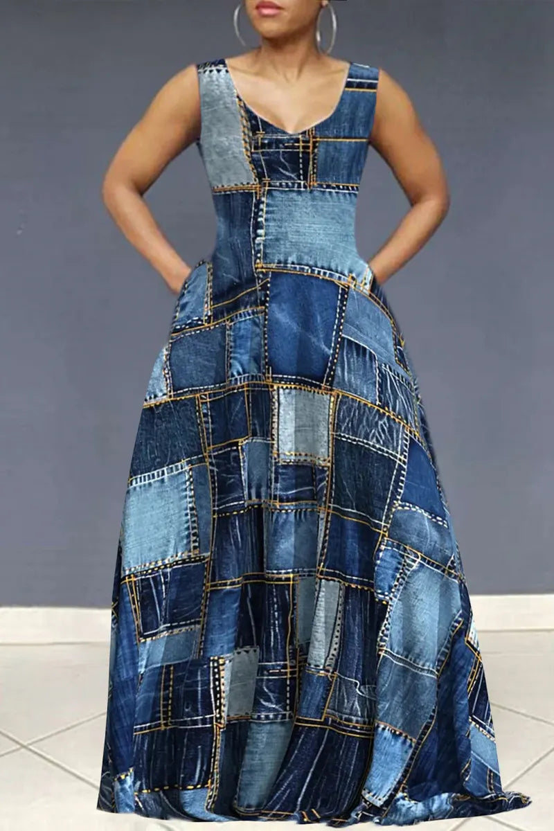 Hot Selling Women's Casual Vest Printed Long Denim Dress
