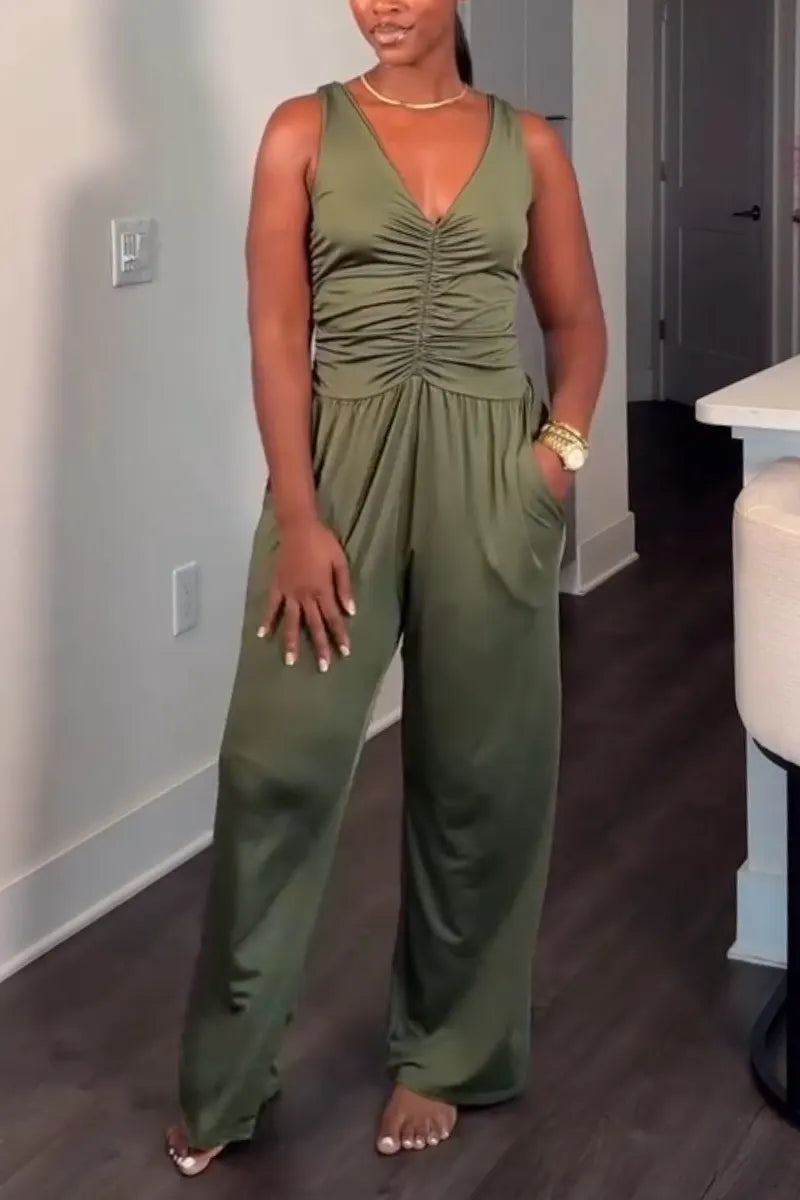 Women's Deep V-neck Solid Color Sleeveless Patchwork Casual Jumpsuit