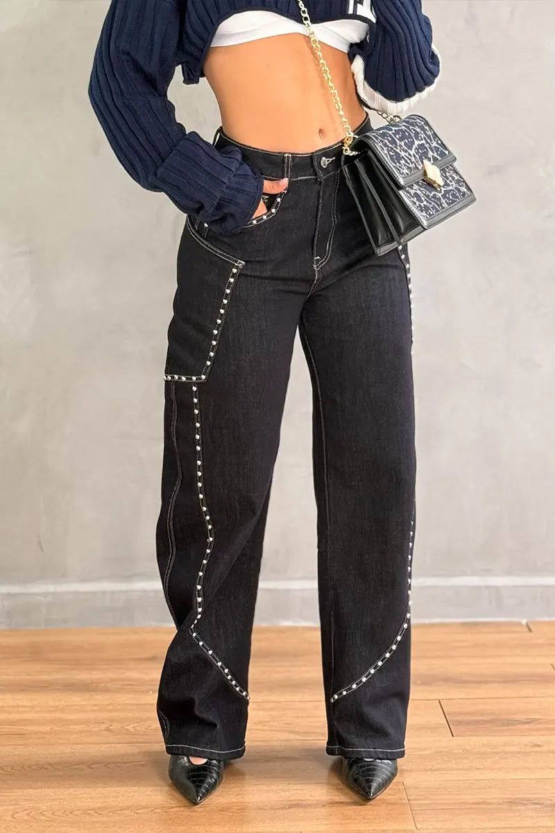 Women's Fashion Oversized Pocket Rivet Decoration Straight Jeans
