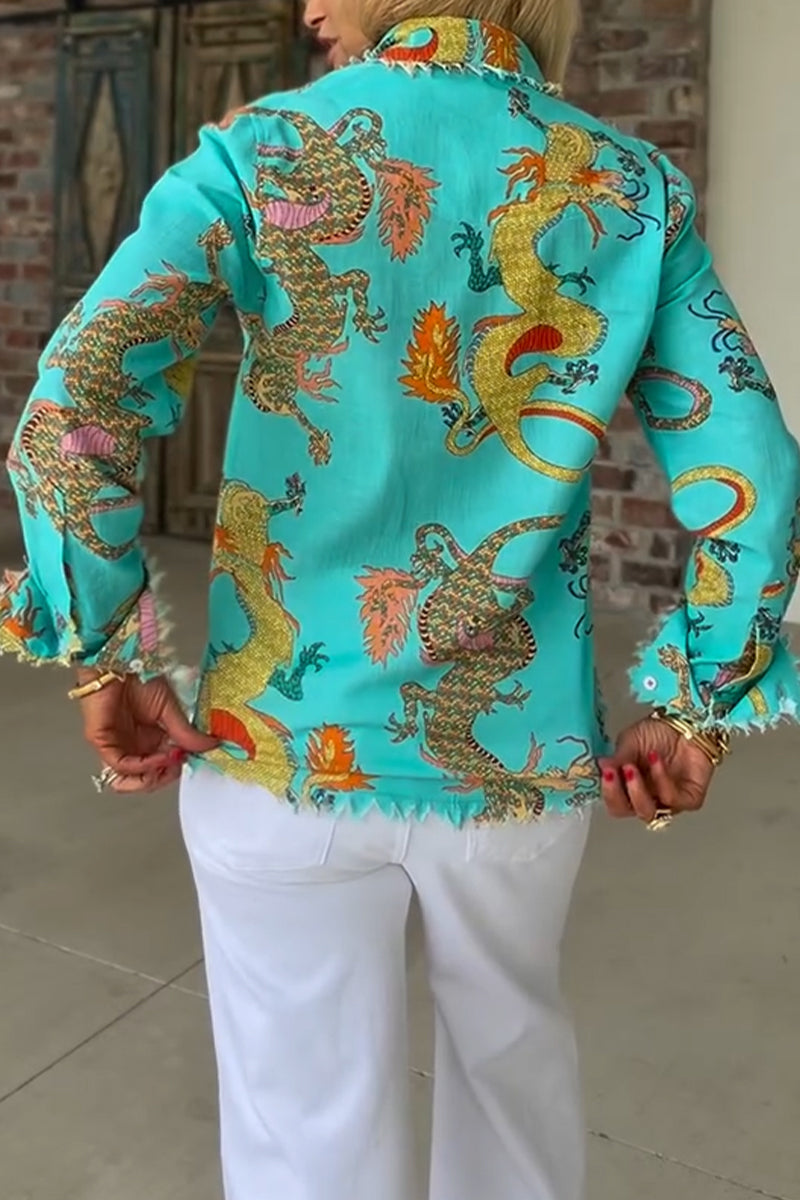 Women Collar Dragon Print Casual Shirt