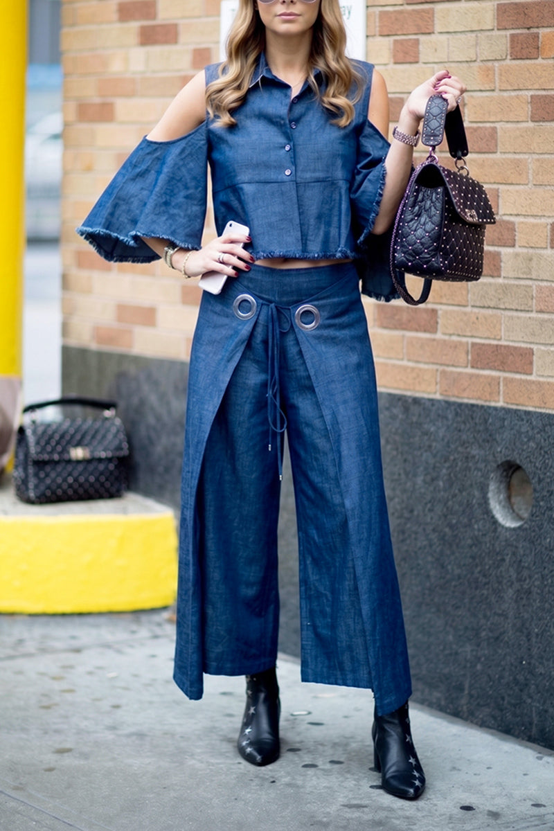 Women's Casual Shoulder Cutout Frayed Hem Denim Top or Layered Jeans