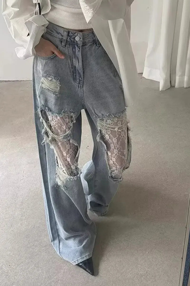 Women's Retro Jeans With Delicate Lace Insets