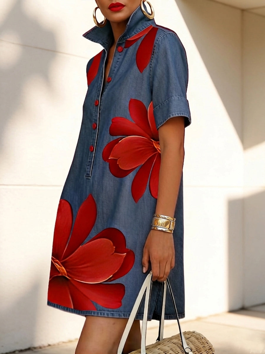 Casual Artistic Floral-print Denim Dress