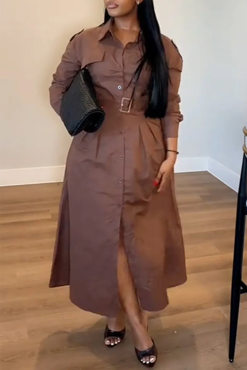 Women Lapel Buckle Waist Cinching Temperament Commuting Formal Dress
