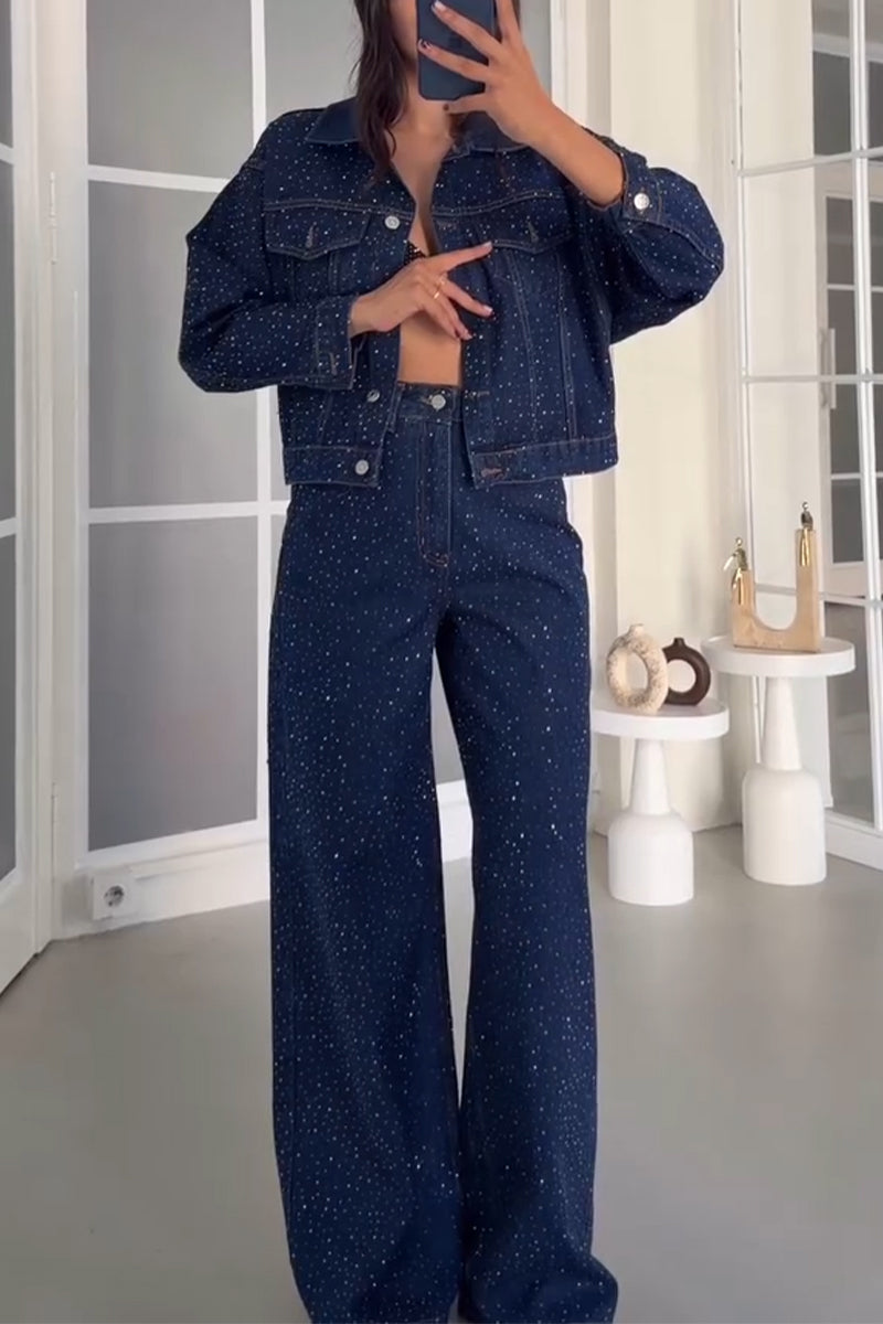 Women's Collar Rhinestone Denim Jacket or Jeans
