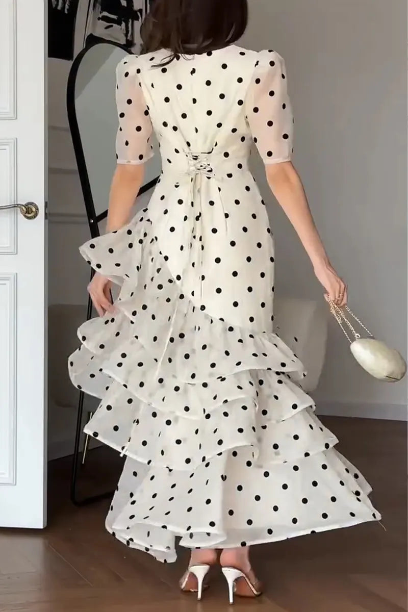 Women's Elegant Tiered Flounce Hem Polka Dot Dress